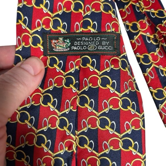 Vintage Paolo Gucci Tie 3.75x59" - Blue/Red/Gold - Italy - 100% Silk - Picture 5 of 7